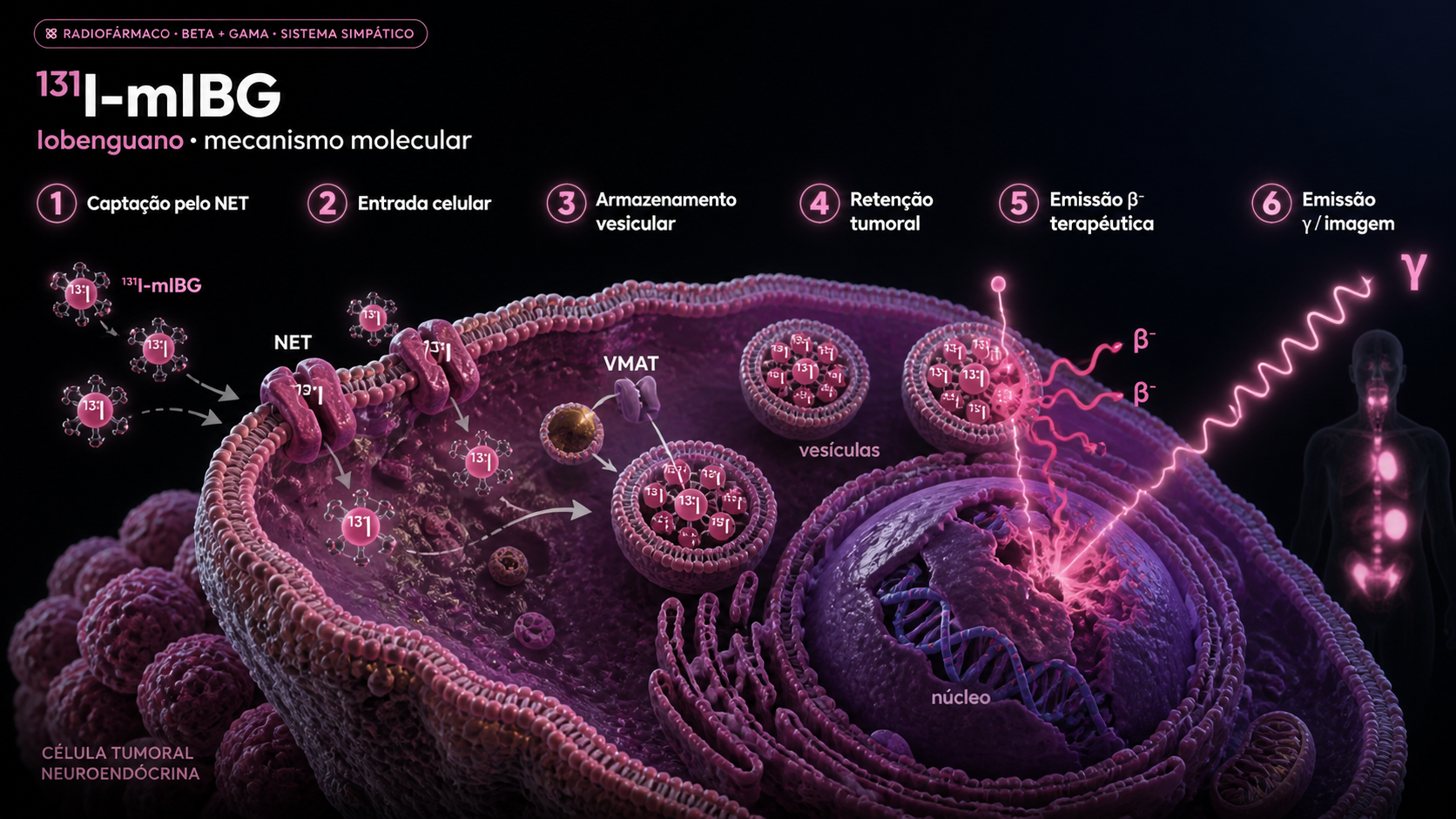 Mecanismo molecular do 131I-mIBG — captação pelo NET, entrada celular, armazenamento vesicular, retenção tumoral, emissão β⁻ e emissão γ para imagem