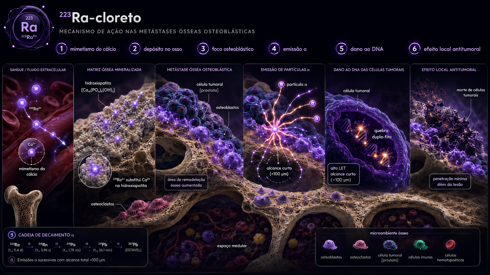 Mecanismo molecular do 223Ra-Cloreto — mimetismo do cálcio, depósito ósseo, concentração osteoblástica, emissão α, dano ao DNA e efeito local