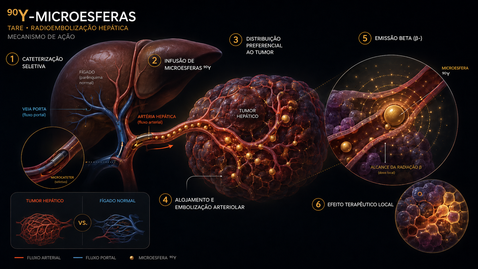 Mecanismo molecular do 90Y-Microesferas — cateterização seletiva, infusão arterial, distribuição preferencial ao tumor, alojamento arteriolar, emissão β⁻ e efeito terapêutico